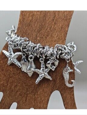 DaVinci Sea Life Stretch Bracelet Silver Tone Metal Charms Lead Nickel Free New